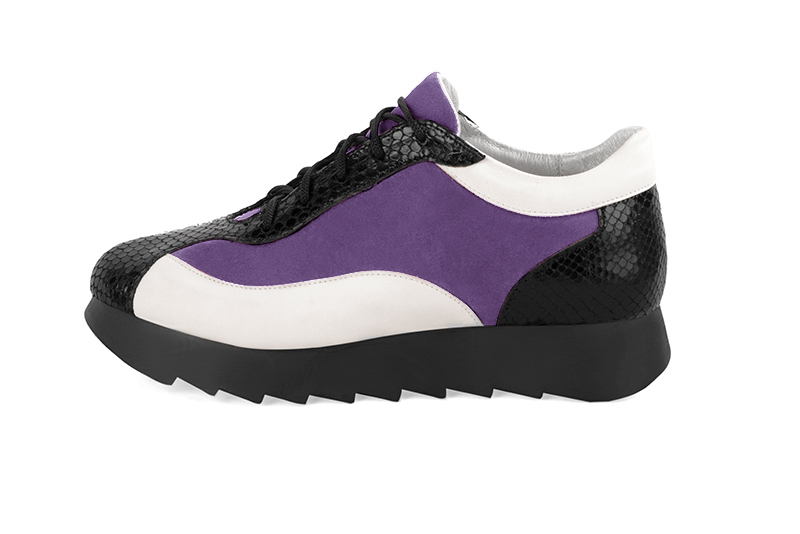 Satin black, amethyst purple and off white women's elegant sneakers. Round toe. Low rubber soles. Profile view - Florence KOOIJMAN